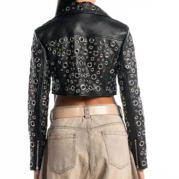 Miz 360: Circle of Life Cropped Grommet Vegan Leather Moto Jacket Large - Picture 11 of 13